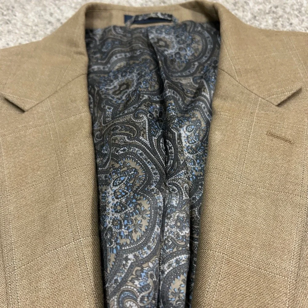 Ralph‎ Lauren Sport Coat Blazer 46L Tan Silk Wool Windowpane Two Button
